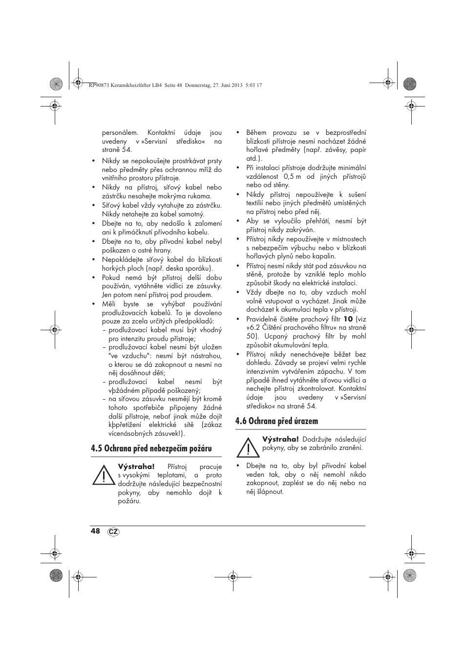 5 ochrana před nebezpečím požáru, 6 ochrana před úrazem | Silvercrest SKHD 1800 A1 User Manual | Page 50 / 78