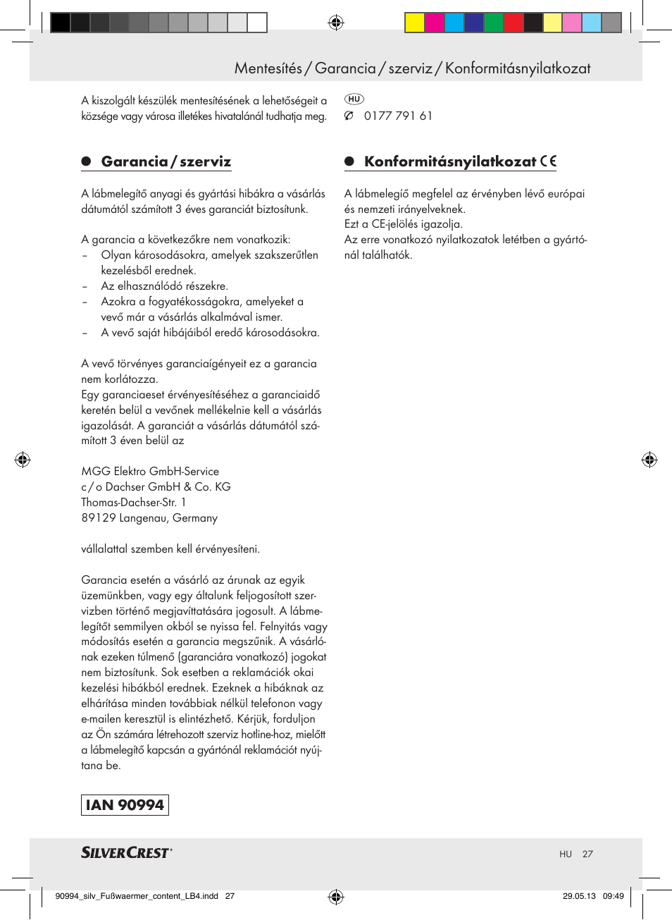 Garancia / szerviz, Konformitásnyilatkozat | Silvercrest SFW 100 B2 User Manual | Page 27 / 61