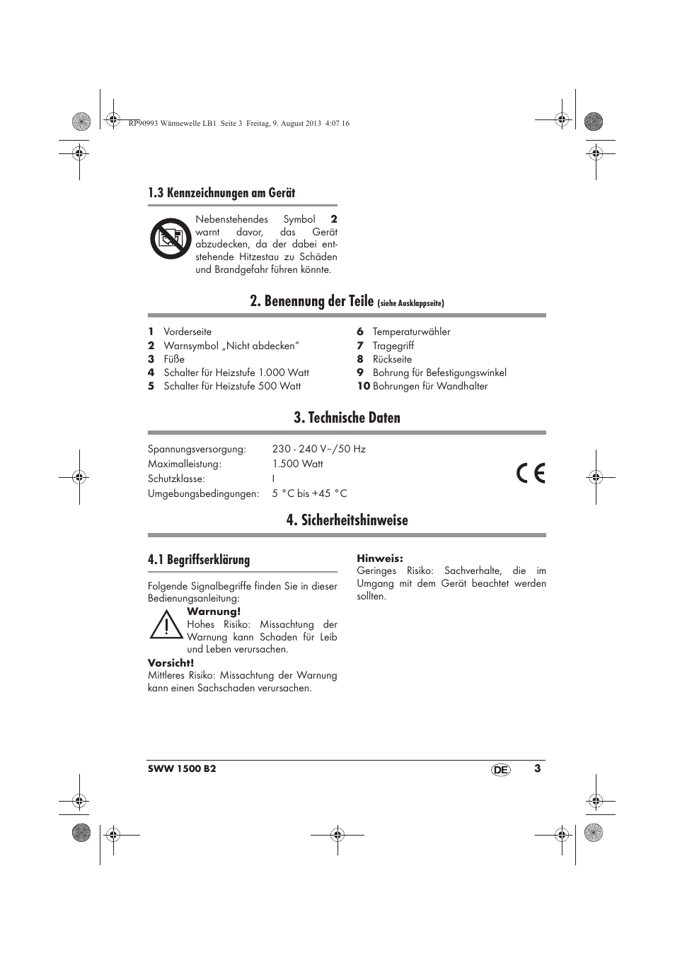 Benennung der teile, Technische daten, Sicherheitshinweise | 3 kennzeichnungen am gerät, 1 begriffserklärung | Silvercrest SWW 1500 B2 User Manual | Page 5 / 70