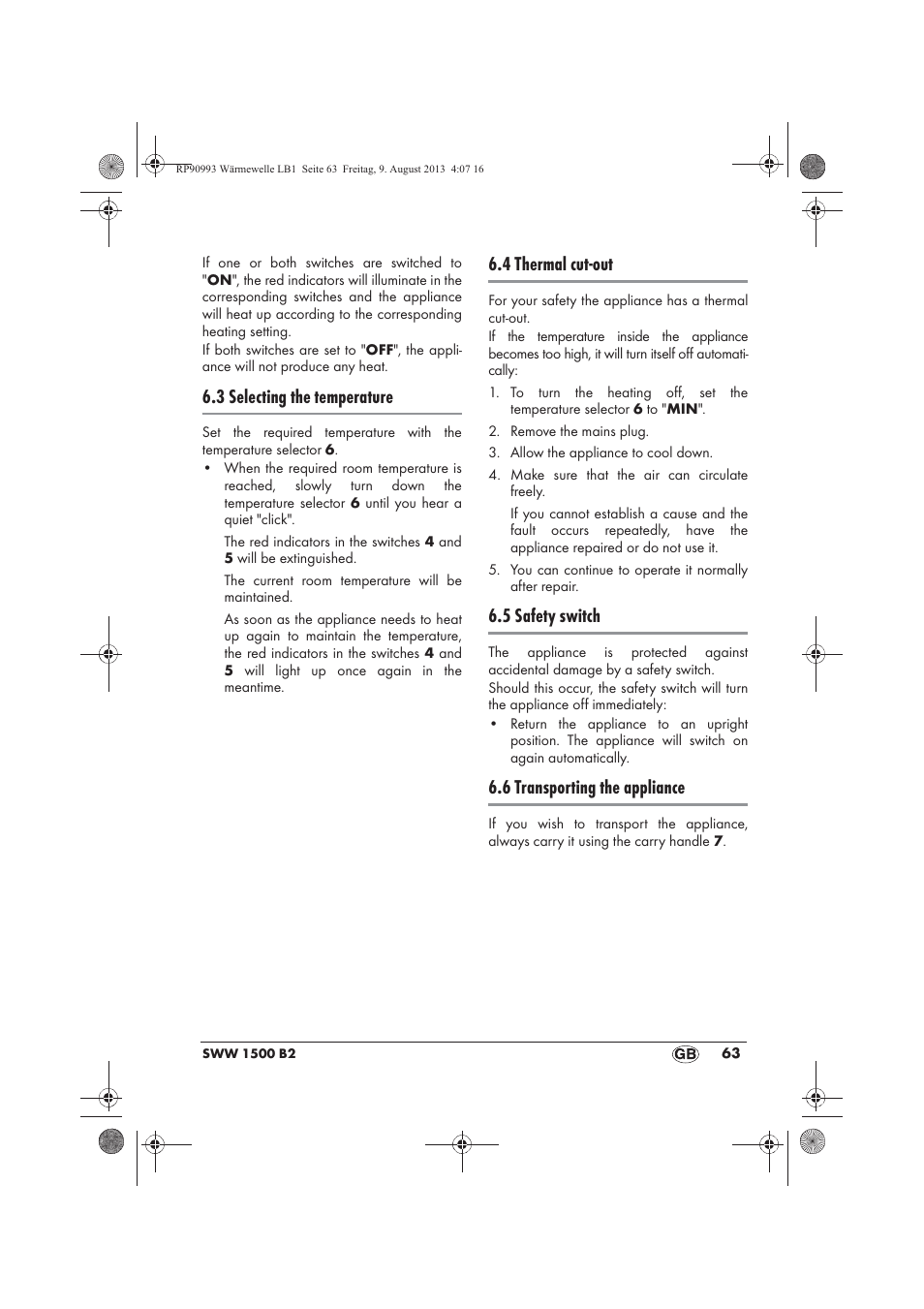3 selecting the temperature, 4 thermal cut-out, 5 safety switch | 6 transporting the appliance | Silvercrest SWW 1500 B2 User Manual | Page 65 / 70