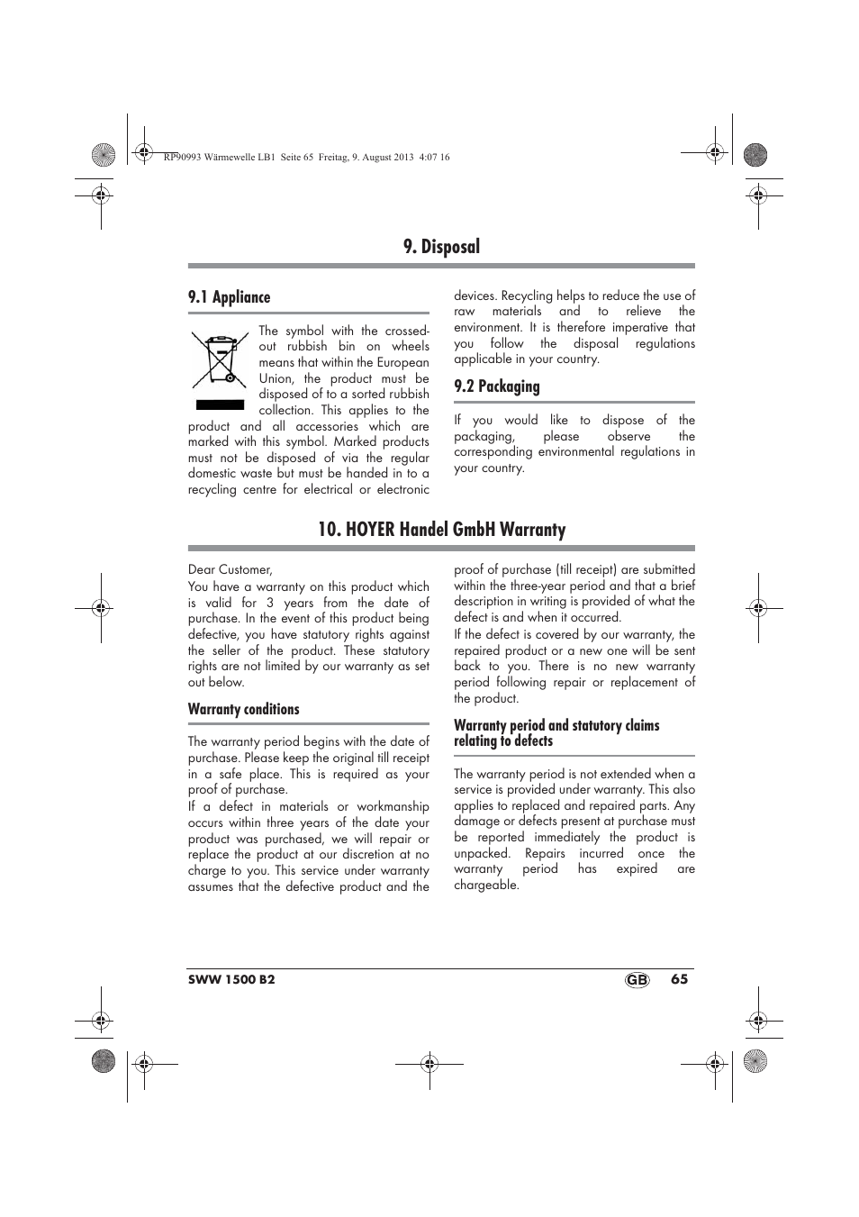 Disposal, Hoyer handel gmbh warranty | Silvercrest SWW 1500 B2 User Manual | Page 67 / 70