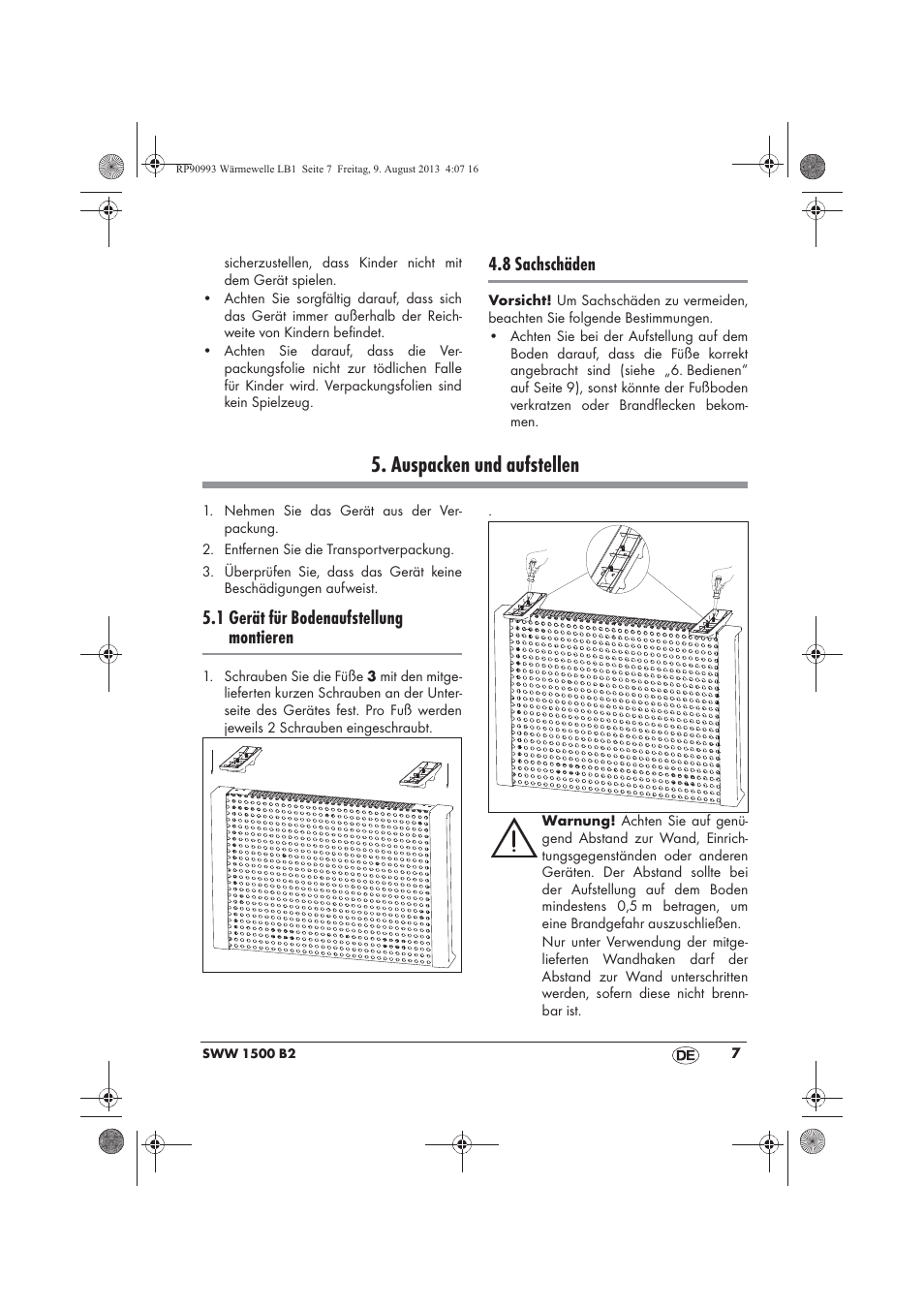 Auspacken und aufstellen, 8 sachschäden, 1 gerät für bodenaufstellung montieren | Silvercrest SWW 1500 B2 User Manual | Page 9 / 70