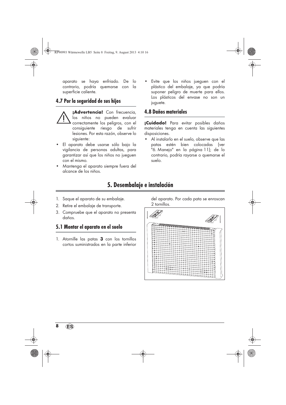 Desembalaje e instalación, 7 por la seguridad de sus hijos, 8 daños materiales | 1 montar el aparato en el suelo | Silvercrest SWW 1500 B2 User Manual | Page 10 / 70