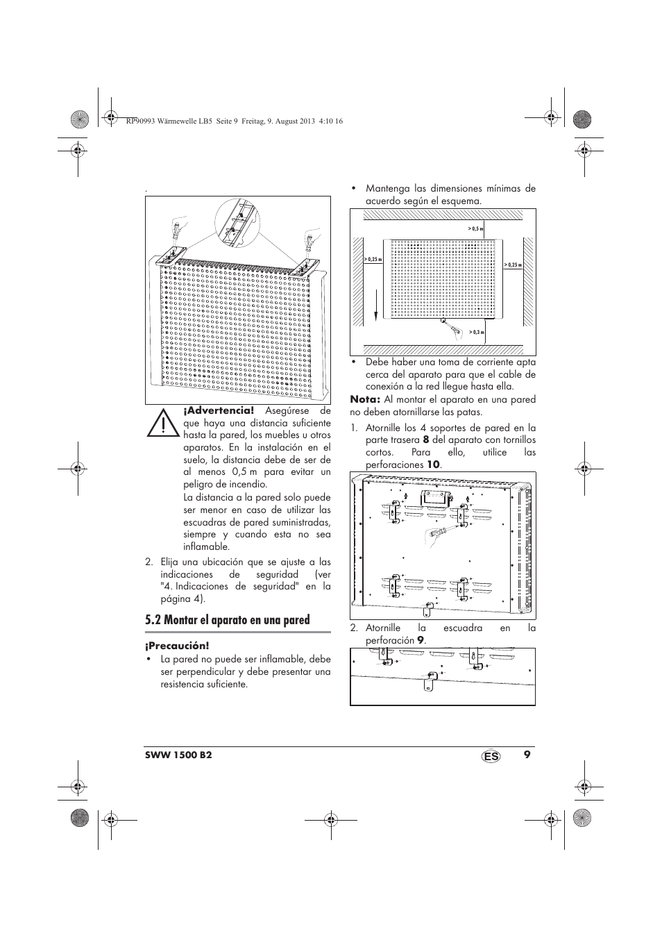 2 montar el aparato en una pared | Silvercrest SWW 1500 B2 User Manual | Page 11 / 70