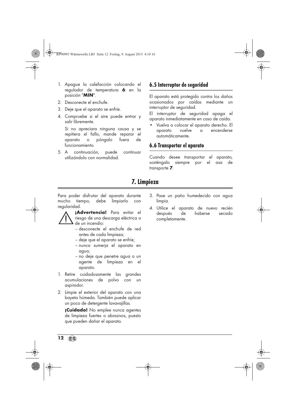 Limpieza, 5 interruptor de seguridad, 6 transportar el aparato | Silvercrest SWW 1500 B2 User Manual | Page 14 / 70