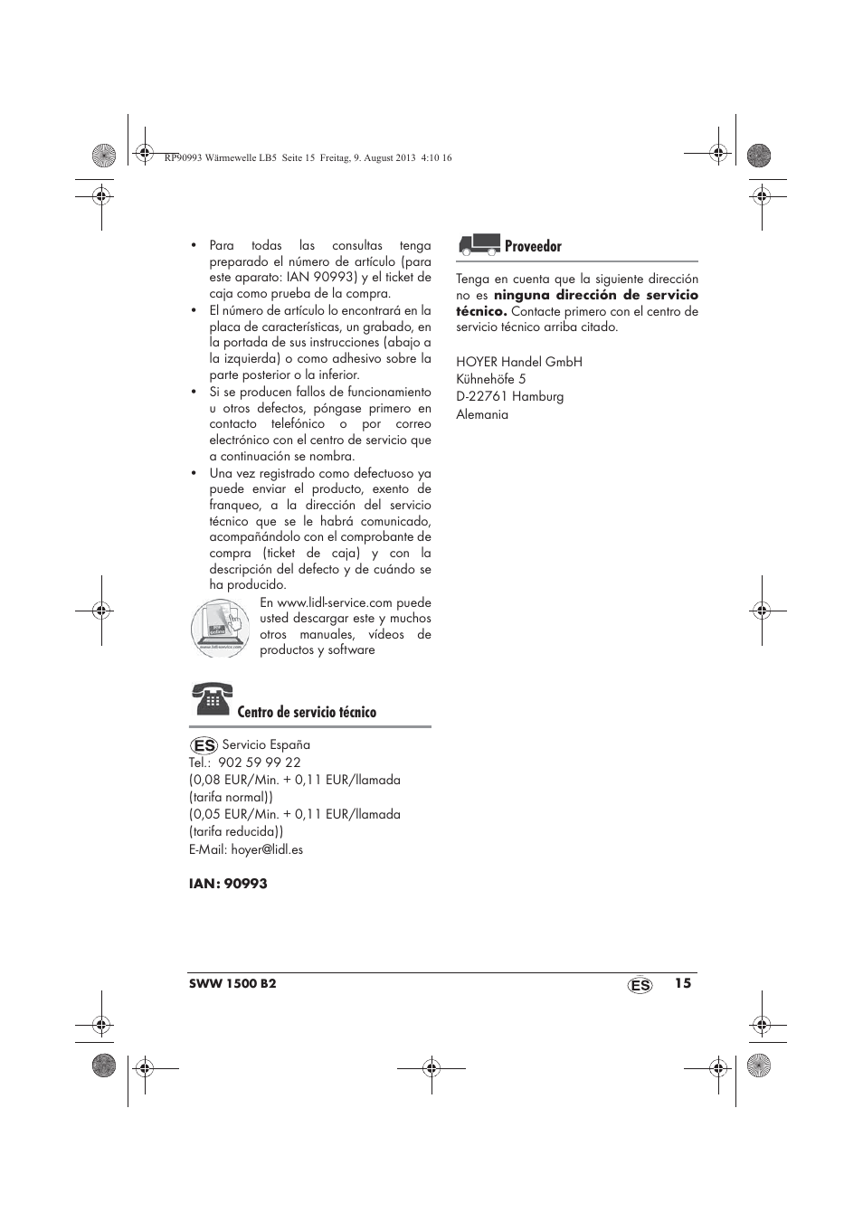 Centro de servicio técnico, Proveedor | Silvercrest SWW 1500 B2 User Manual | Page 17 / 70
