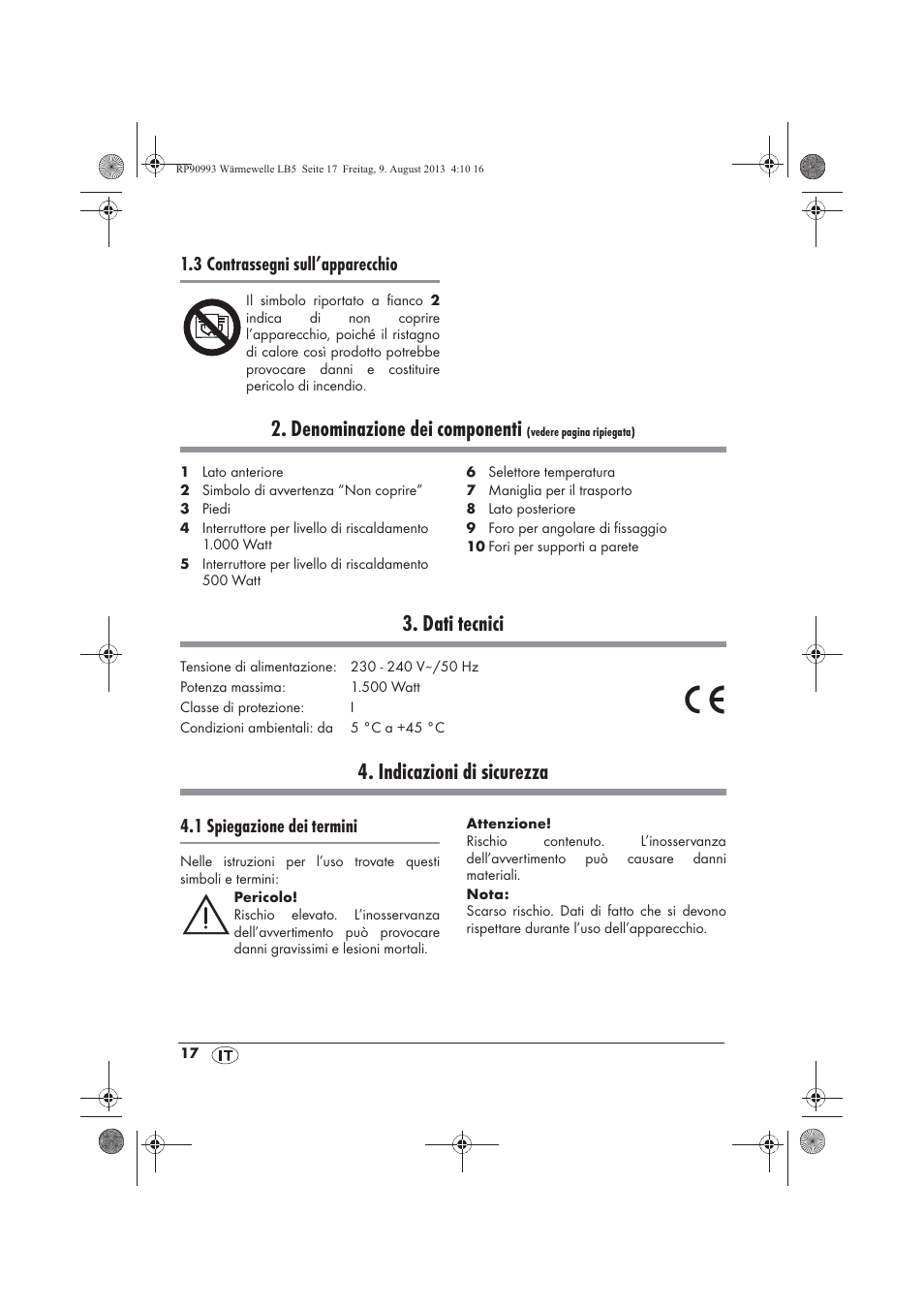 Denominazione dei componenti, Dati tecnici, Indicazioni di sicurezza | 3 contrassegni sull’apparecchio, 1 spiegazione dei termini | Silvercrest SWW 1500 B2 User Manual | Page 19 / 70