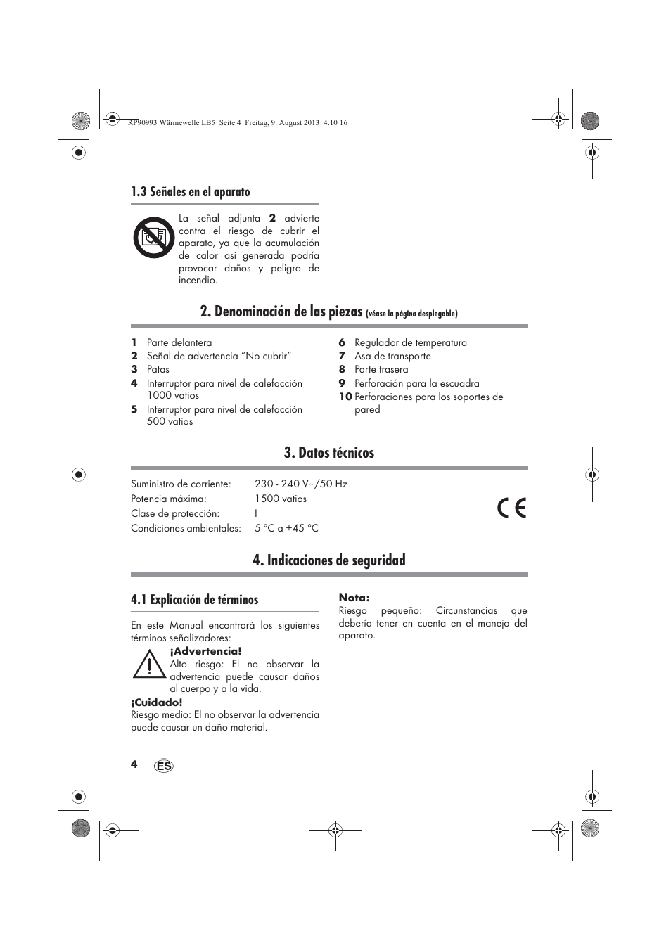 Denominación de las piezas, Datos técnicos, Indicaciones de seguridad | 3 señales en el aparato, 1 explicación de términos | Silvercrest SWW 1500 B2 User Manual | Page 6 / 70