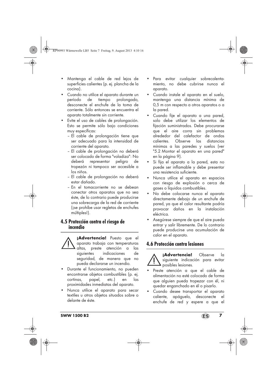 5 protección contra el riesgo de incendio, 6 protección contra lesiones | Silvercrest SWW 1500 B2 User Manual | Page 9 / 70