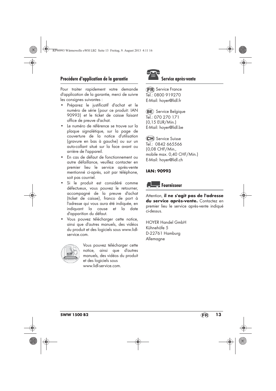 Procédure d'application de la garantie, Service après-vente, Fournisseur | Silvercrest SWW 1500 B2 User Manual | Page 15 / 50