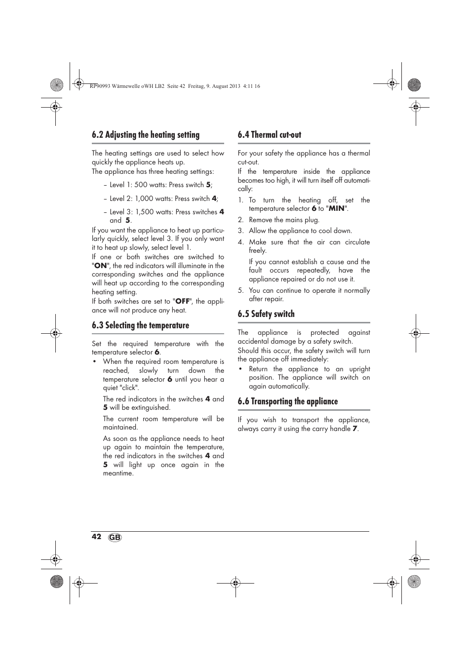 2 adjusting the heating setting, 3 selecting the temperature, 4 thermal cut-out | 5 safety switch, 6 transporting the appliance | Silvercrest SWW 1500 B2 User Manual | Page 44 / 50