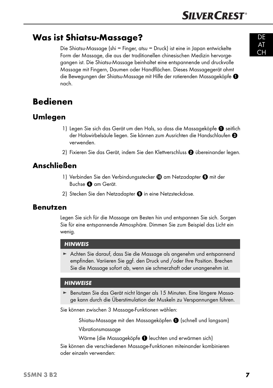 Was ist shiatsu-massage, Bedienen, Umlegen | Anschließen, Benutzen, De at ch | Silvercrest SSMN 3 B2 User Manual | Page 10 / 56