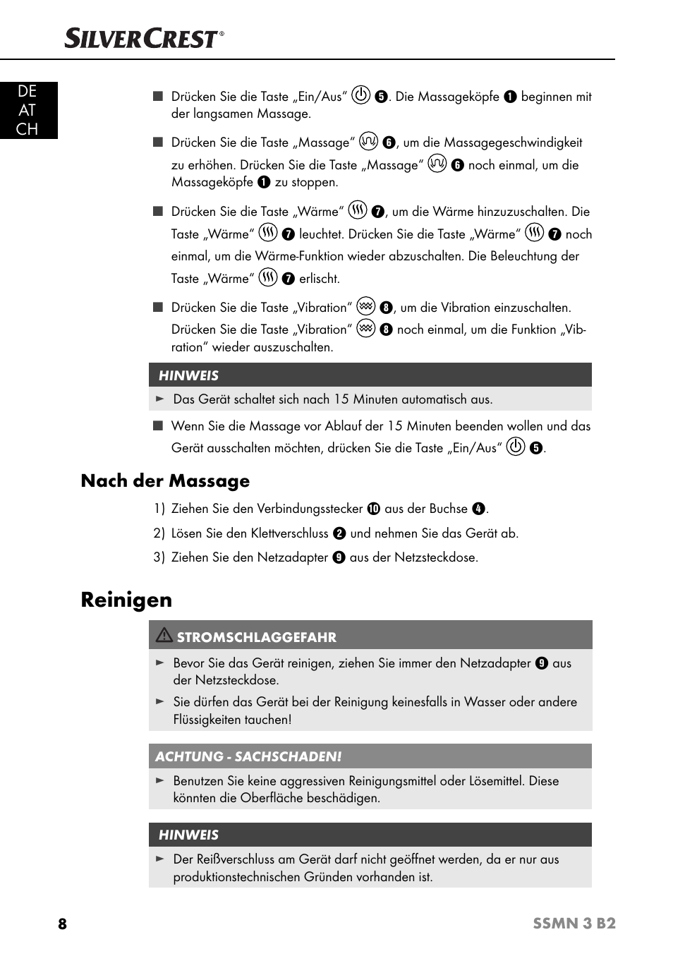 Reinigen, Nach der massage, De at ch | Silvercrest SSMN 3 B2 User Manual | Page 11 / 56