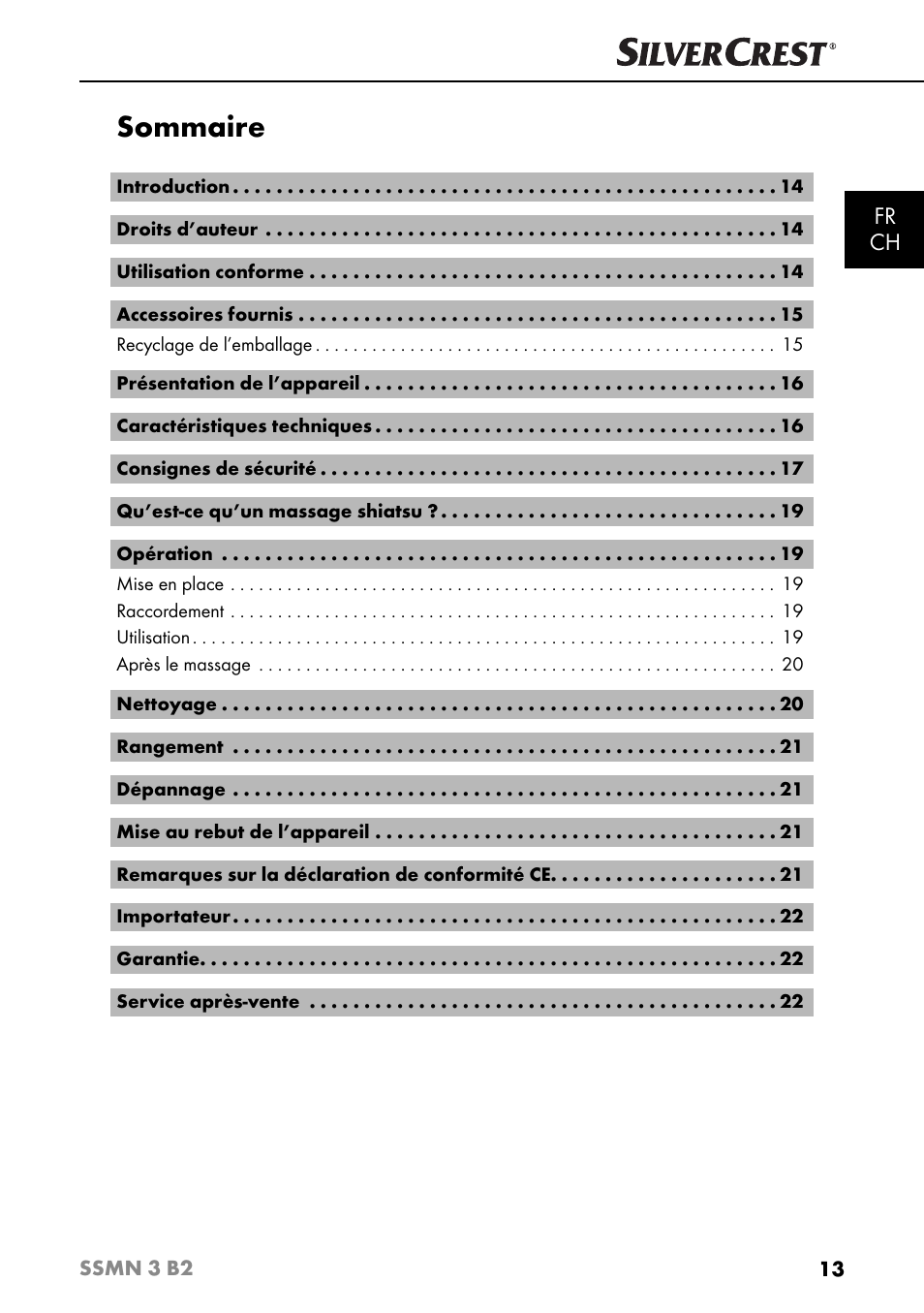 Sommaire, Fr ch | Silvercrest SSMN 3 B2 User Manual | Page 16 / 56