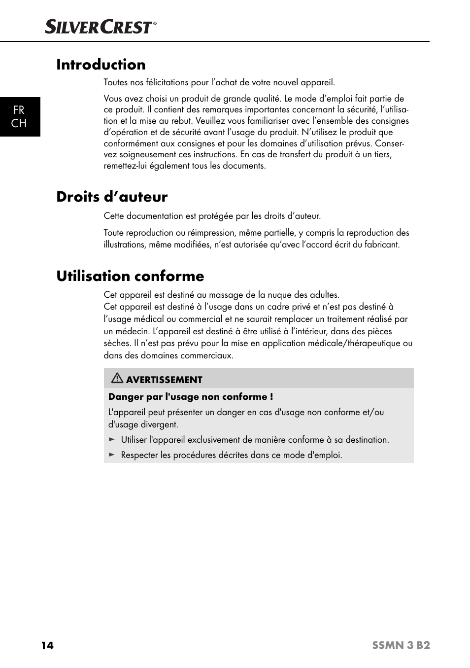 Introduction, Droits d’auteur, Utilisation conforme | Fr ch | Silvercrest SSMN 3 B2 User Manual | Page 17 / 56