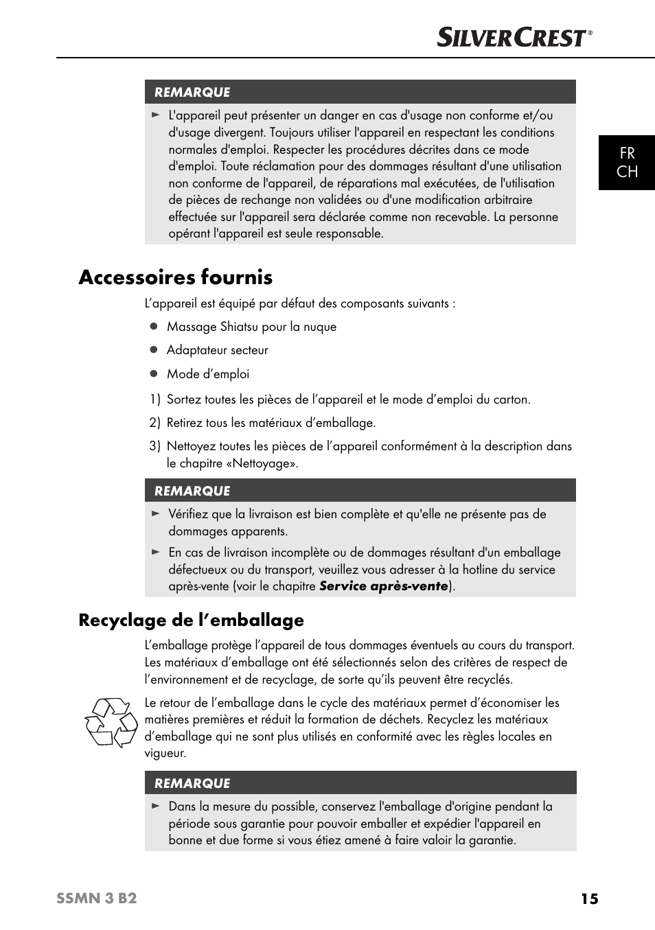 Accessoires fournis, Recyclage de l’emballage, Fr ch | Silvercrest SSMN 3 B2 User Manual | Page 18 / 56