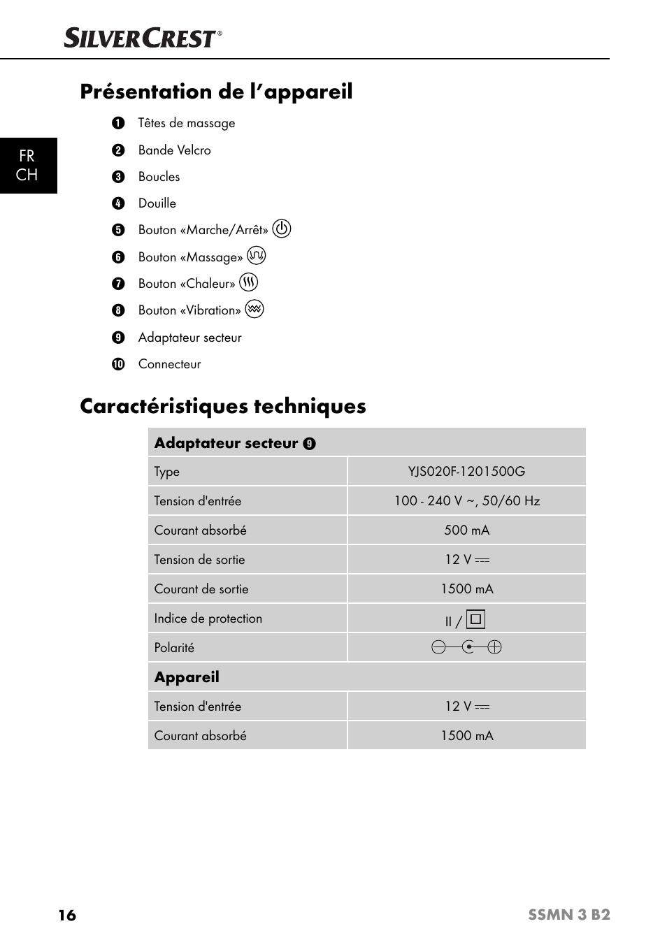 Présentation de l’appareil, Caractéristiques techniques, Fr ch | Silvercrest SSMN 3 B2 User Manual | Page 19 / 56