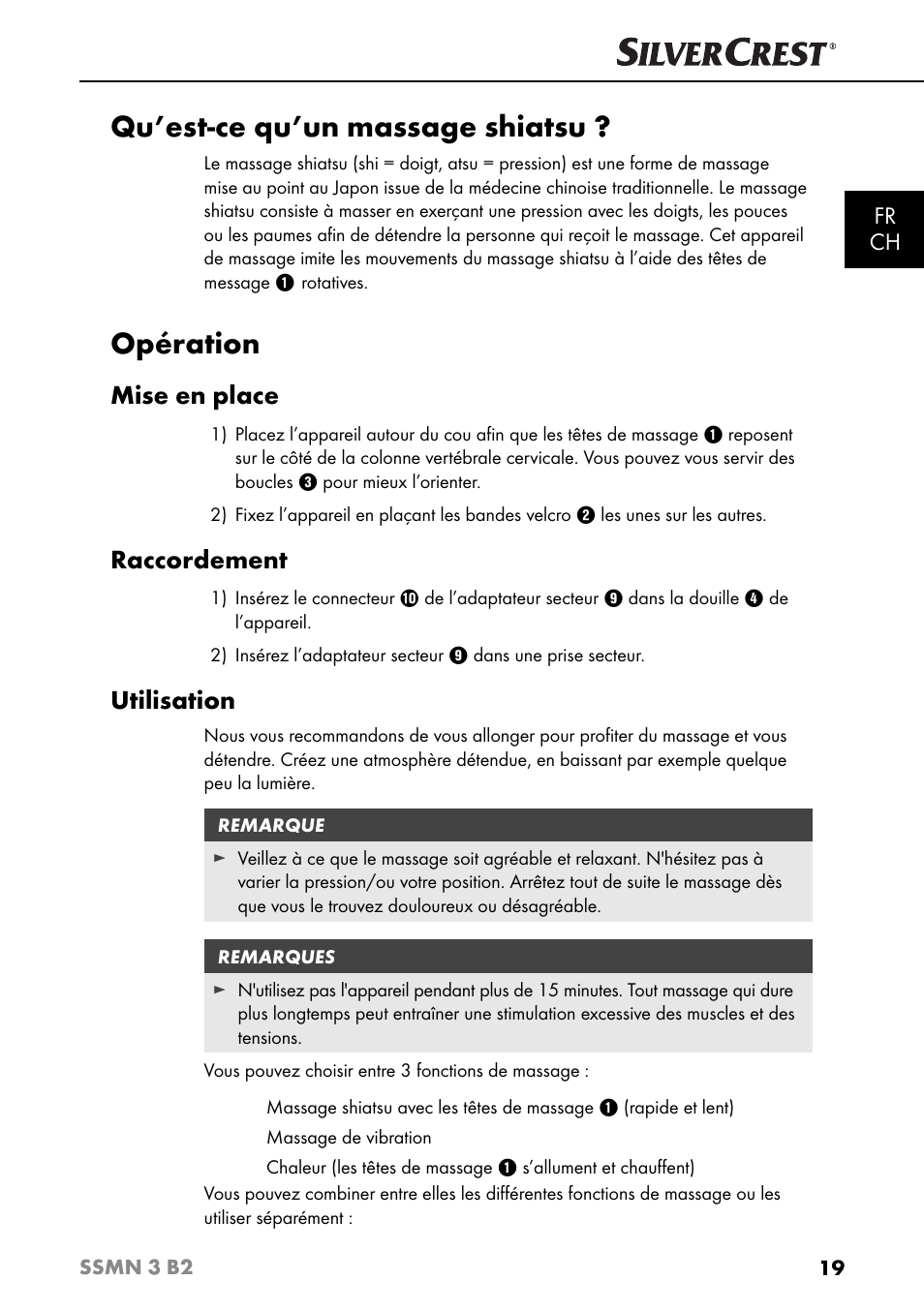 Qu’est-ce qu’un massage shiatsu, Opération, Mise en place | Raccordement, Utilisation, Fr ch | Silvercrest SSMN 3 B2 User Manual | Page 22 / 56