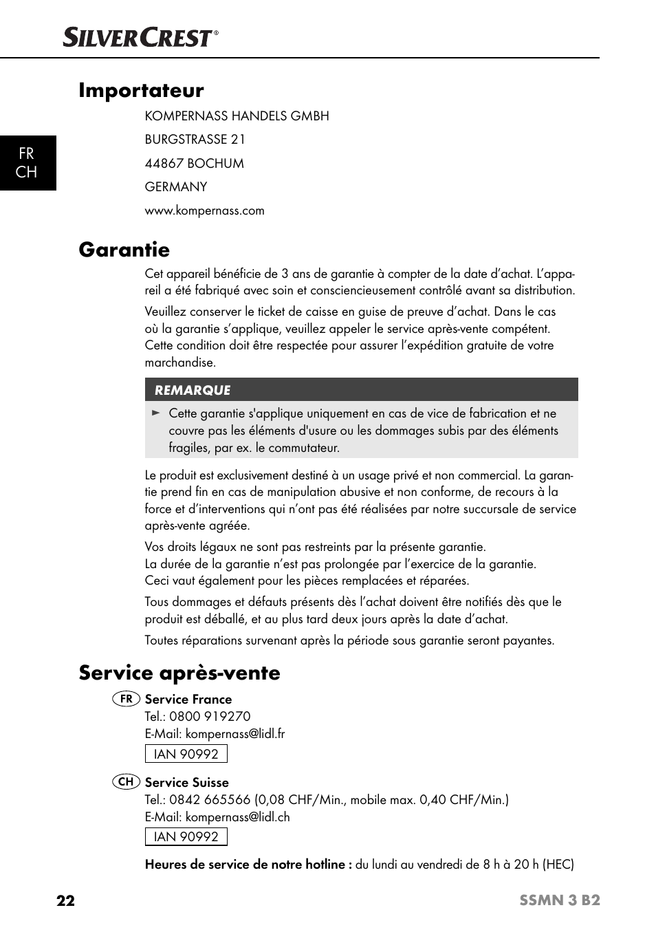 Importateur, Garantie, Service après-vente | Fr ch | Silvercrest SSMN 3 B2 User Manual | Page 25 / 56