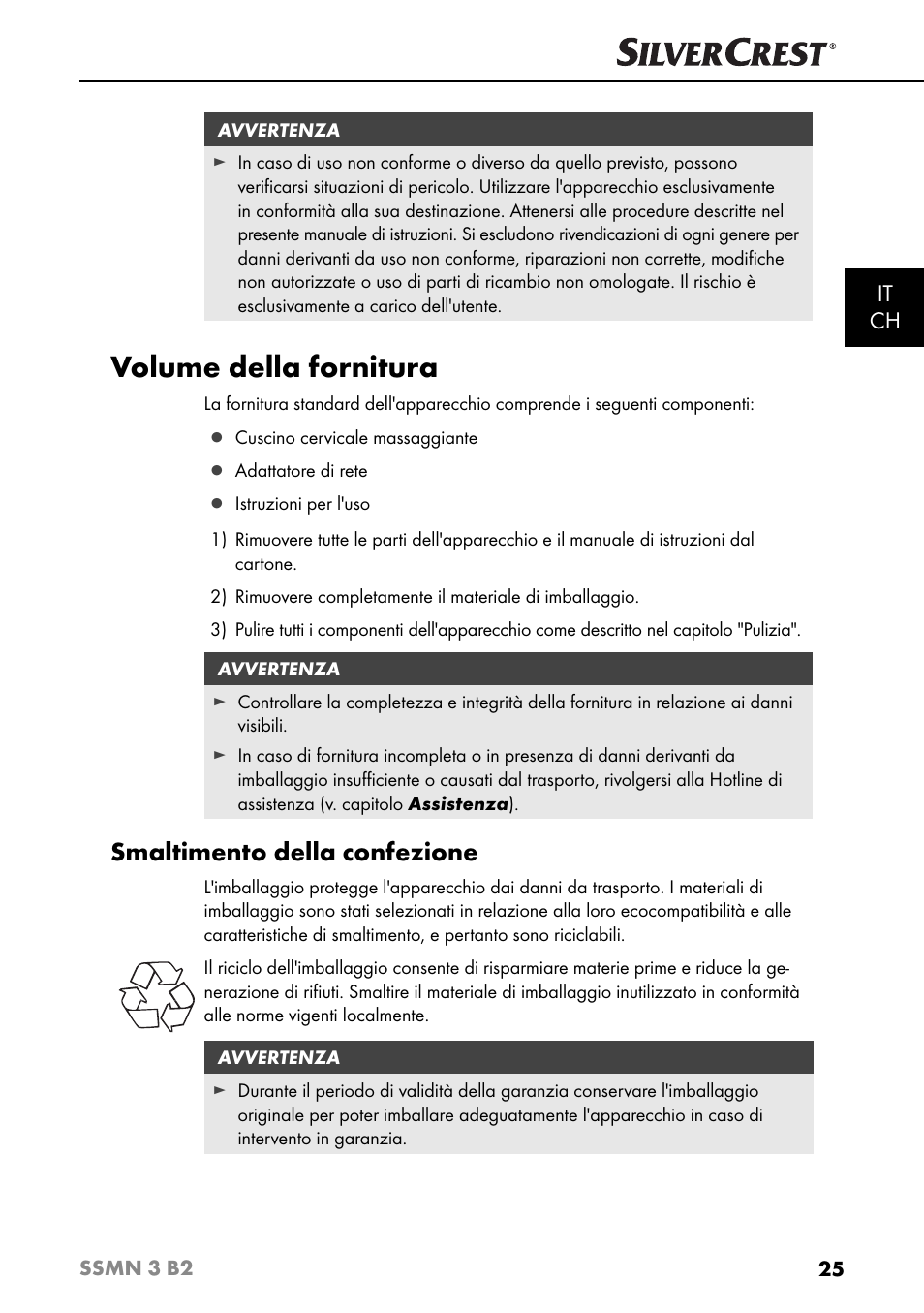 Volume della fornitura, Smaltimento della confezione, It ch | Silvercrest SSMN 3 B2 User Manual | Page 28 / 56