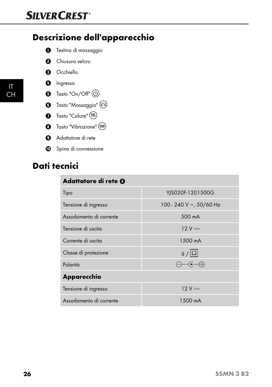 Descrizione dell'apparecchio, Dati tecnici, It ch | Silvercrest SSMN 3 B2 User Manual | Page 29 / 56