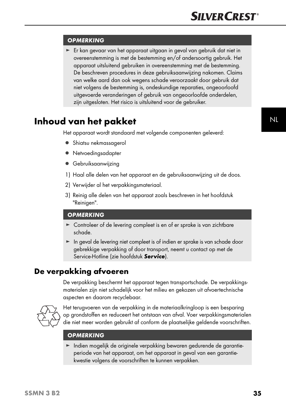 Inhoud van het pakket, De verpakking afvoeren | Silvercrest SSMN 3 B2 User Manual | Page 38 / 56