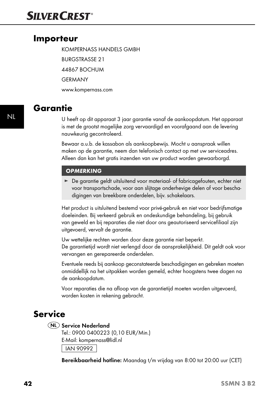 Importeur, Garantie, Service | Silvercrest SSMN 3 B2 User Manual | Page 45 / 56