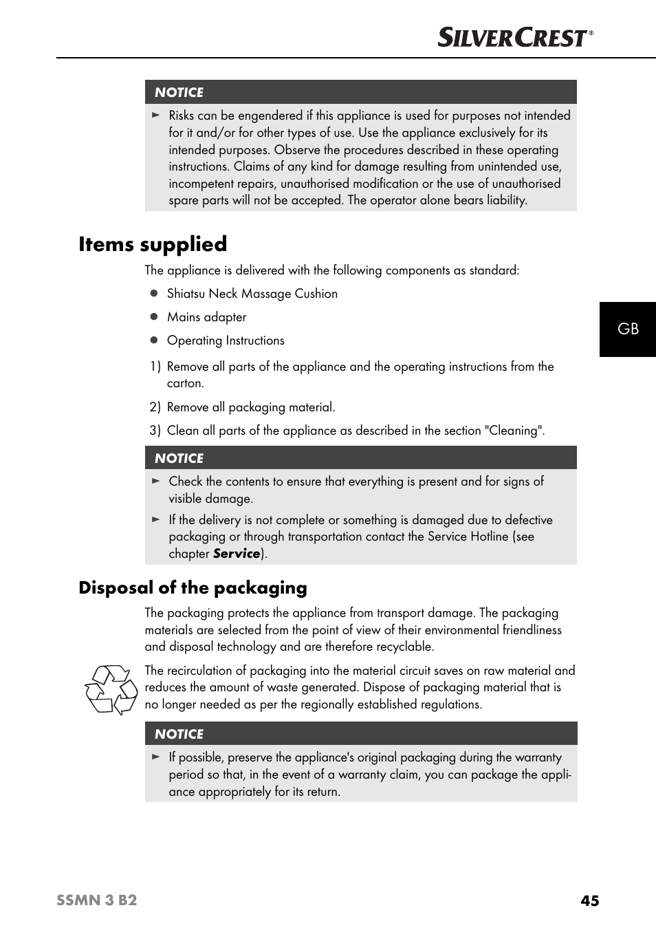 Items supplied, Disposal of the packaging | Silvercrest SSMN 3 B2 User Manual | Page 48 / 56