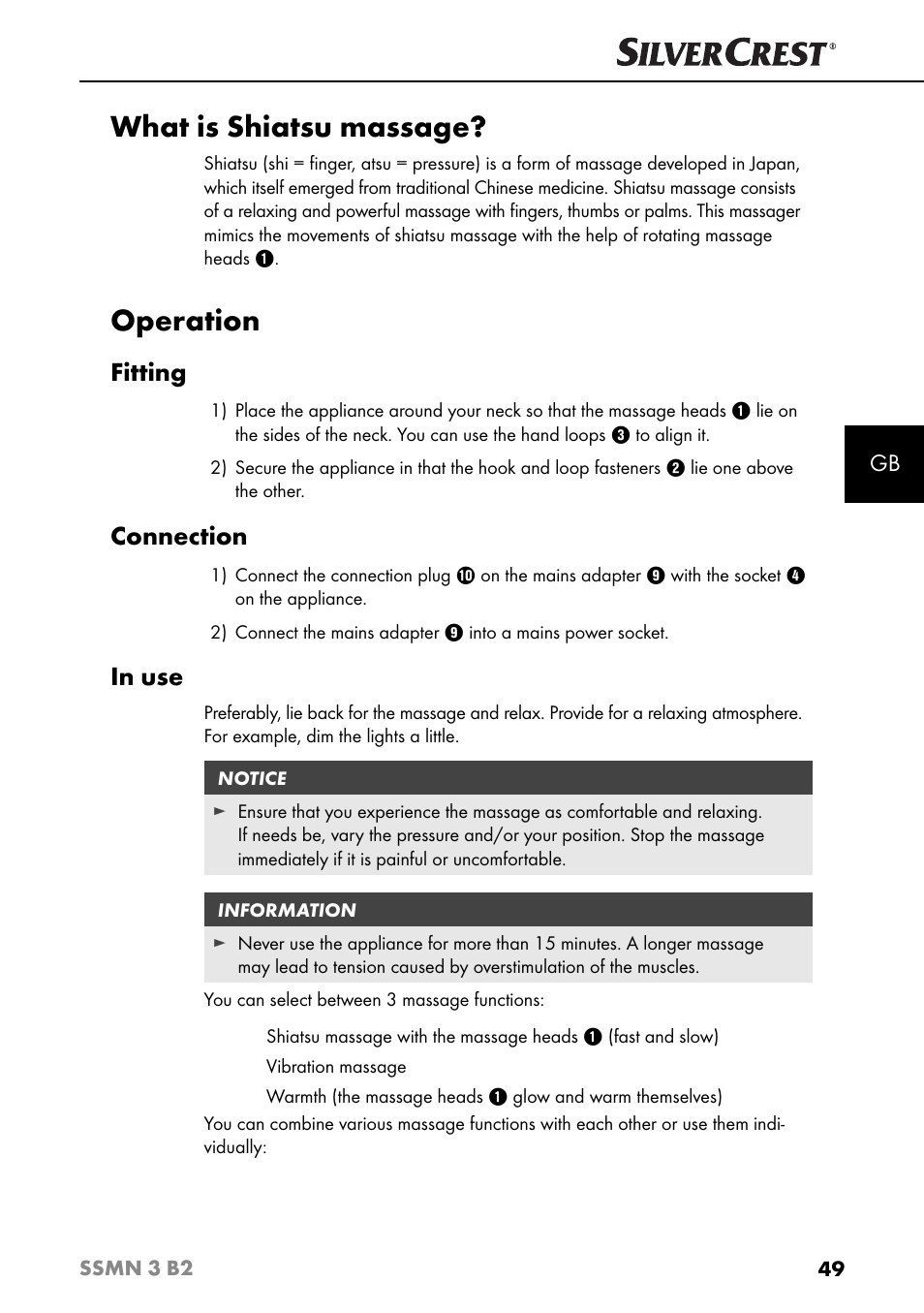 What is shiatsu massage, Operation, Fitting | Connection | Silvercrest SSMN 3 B2 User Manual | Page 52 / 56
