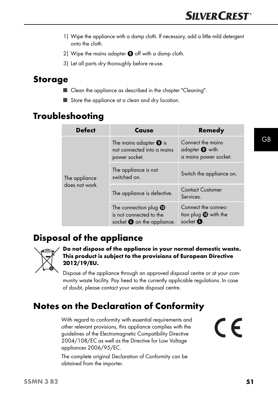 Storage, Troubleshooting, Disposal of the appliance | Silvercrest SSMN 3 B2 User Manual | Page 54 / 56