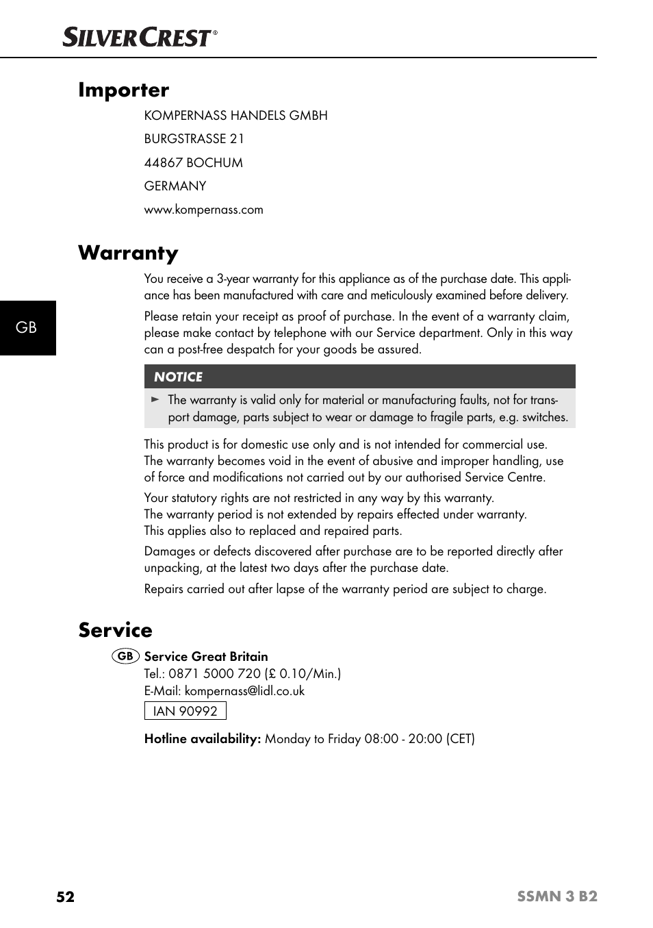 Importer, Warranty, Service | Silvercrest SSMN 3 B2 User Manual | Page 55 / 56