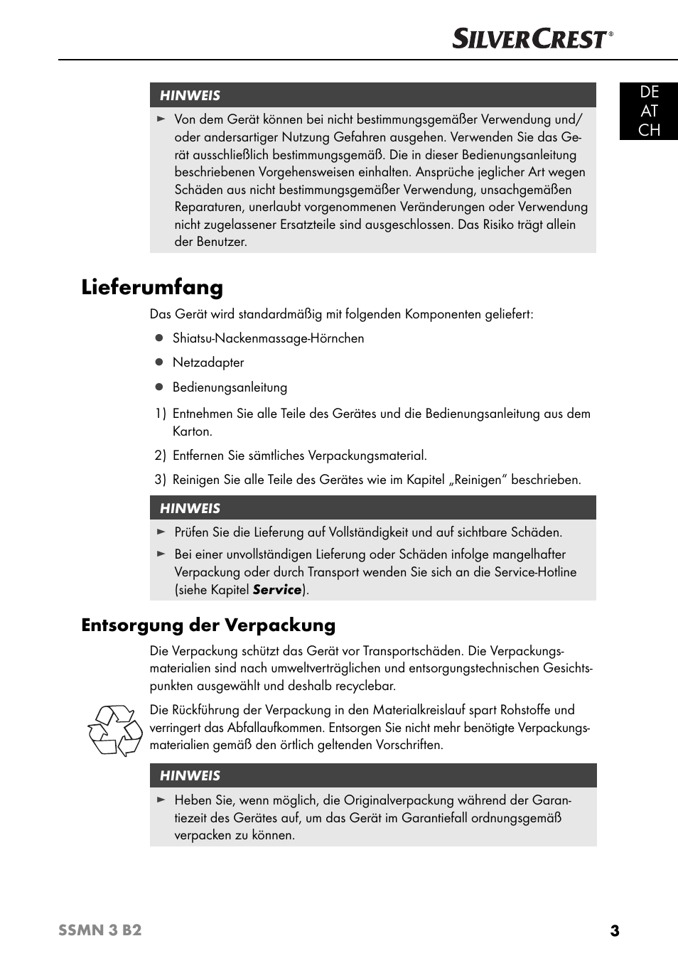 Lieferumfang, Entsorgung der verpackung, De at ch | Silvercrest SSMN 3 B2 User Manual | Page 6 / 56