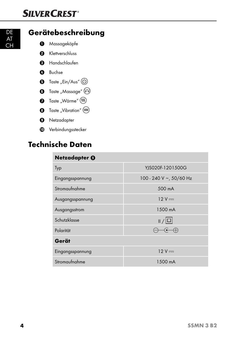 Gerätebeschreibung, Technische daten, De at ch | Silvercrest SSMN 3 B2 User Manual | Page 7 / 56