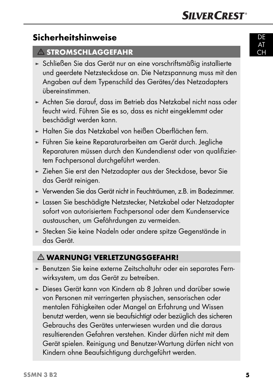 Sicherheitshinweise, Stromschlaggefahr | Silvercrest SSMN 3 B2 User Manual | Page 8 / 56