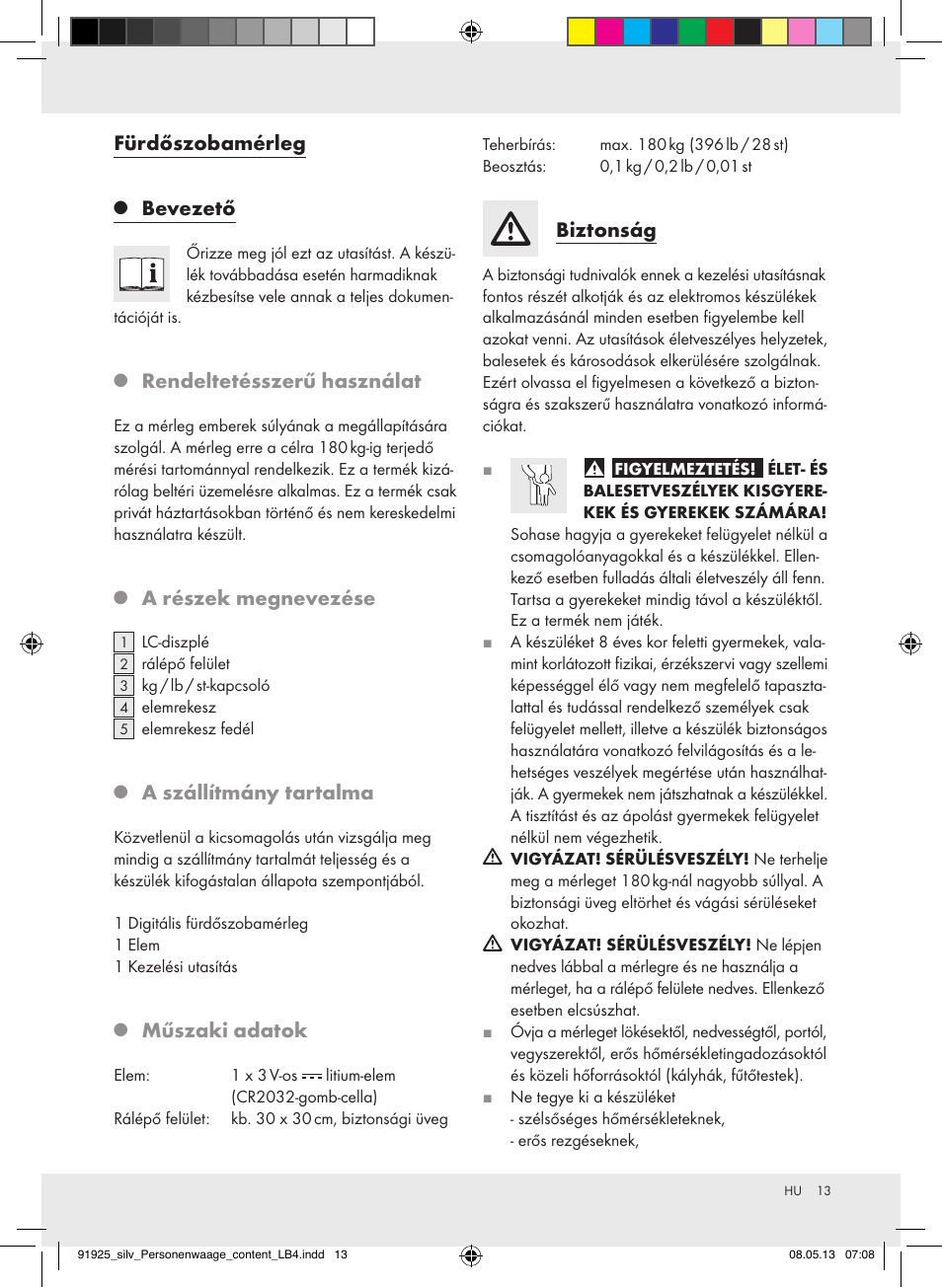 Fürdőszobamérleg, Bevezető, Rendeltetésszerű használat | A részek megnevezése, A szállítmány tartalma, Műszaki adatok, Biztonság | Silvercrest Z30936 User Manual | Page 13 / 34