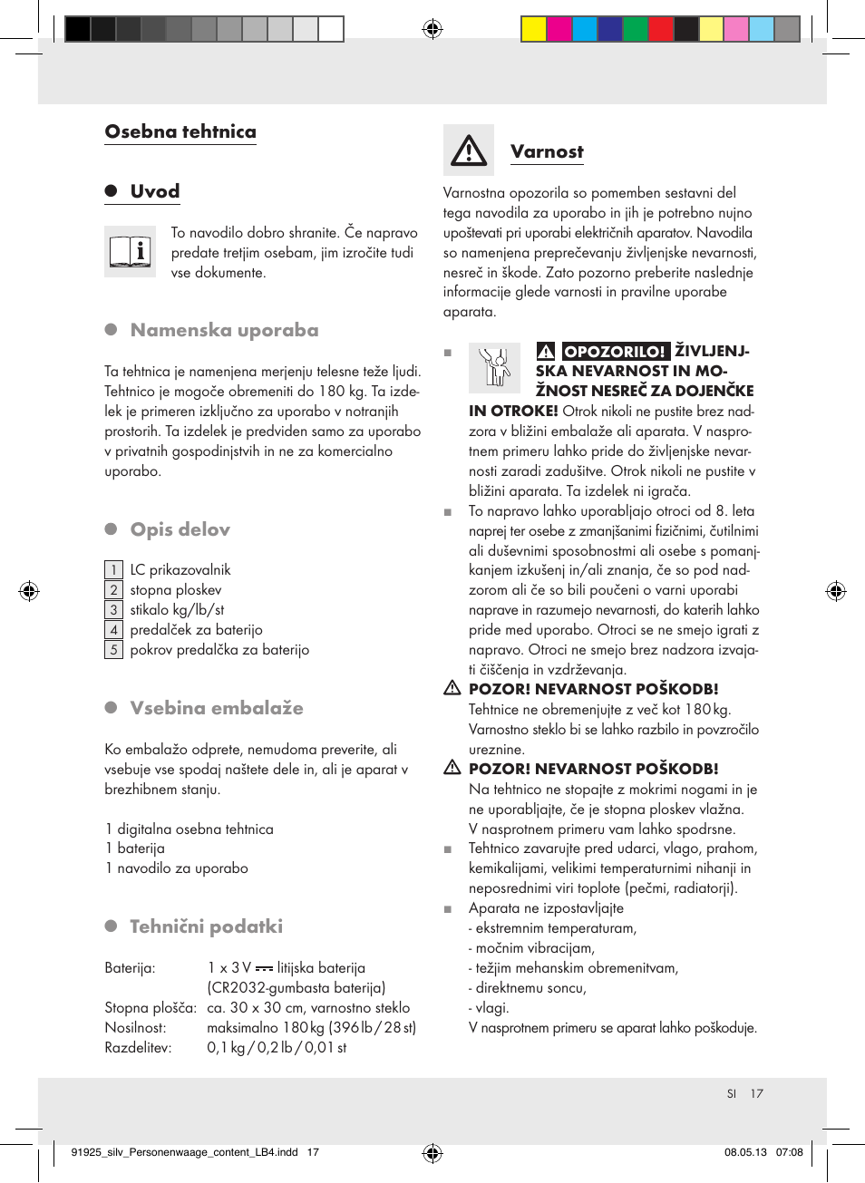 Osebna tehtnica, Uvod, Namenska uporaba | Opis delov, Vsebina embalaže, Tehnični podatki, Varnost | Silvercrest Z30936 User Manual | Page 17 / 34