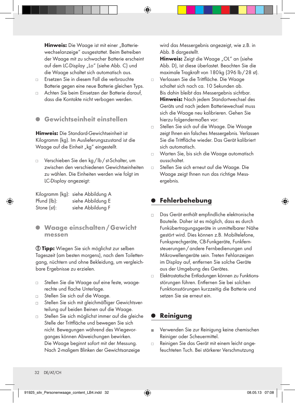 Gewichtseinheit einstellen, Waage einschalten / gewicht messen, Fehlerbehebung | Reinigung | Silvercrest Z30936 User Manual | Page 32 / 34