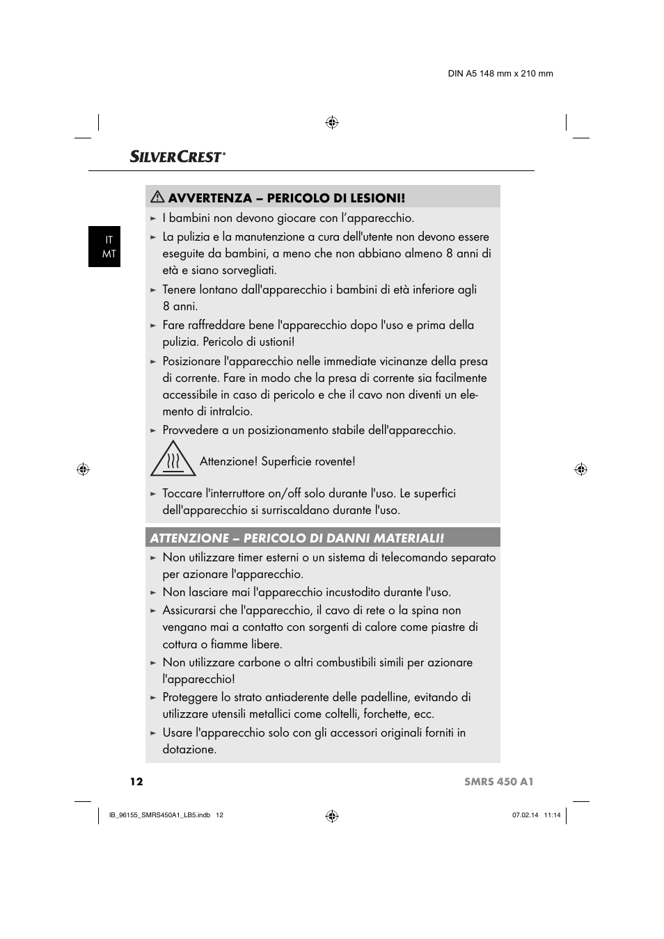 Avvertenza – pericolo di lesioni, I bambini non devono giocare con l’apparecchio | Silvercrest SMRS 450 A1 User Manual | Page 15 / 36