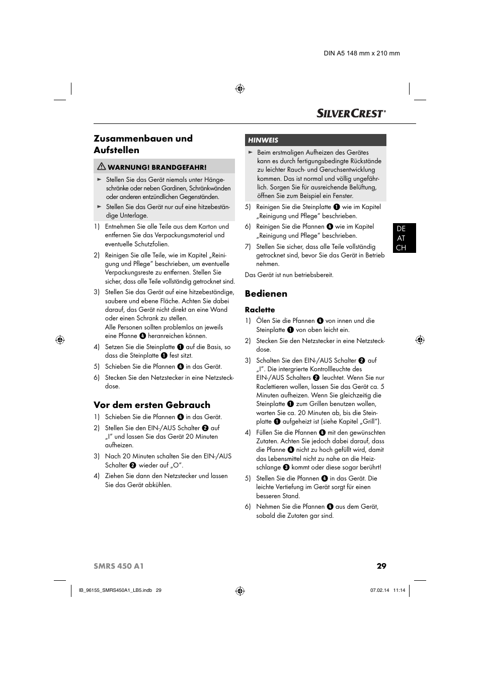 Zusammenbauen und aufstellen, Vor dem ersten gebrauch, Bedienen | Silvercrest SMRS 450 A1 User Manual | Page 32 / 36