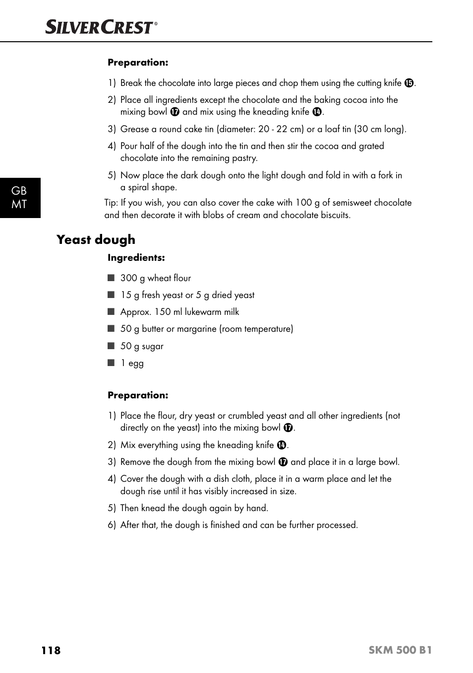 Yeast dough, Gb mt | Silvercrest SKM 500 B1 User Manual | Page 121 / 154