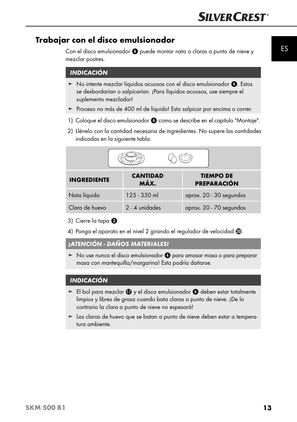 Trabajar con el disco emulsionador | Silvercrest SKM 500 B1 User Manual | Page 16 / 154