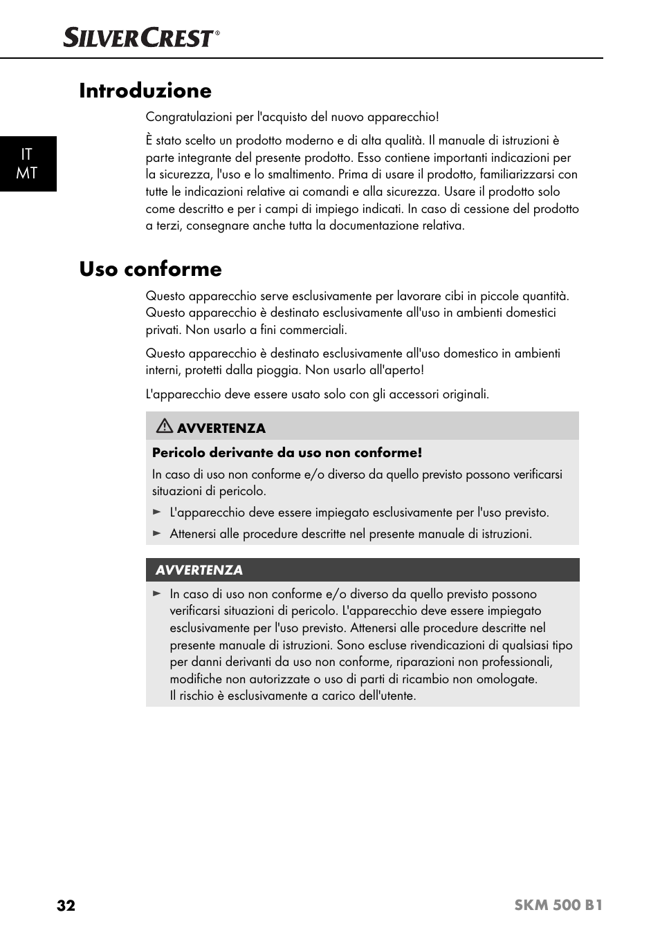 Introduzione, Uso conforme, It mt | Silvercrest SKM 500 B1 User Manual | Page 35 / 154