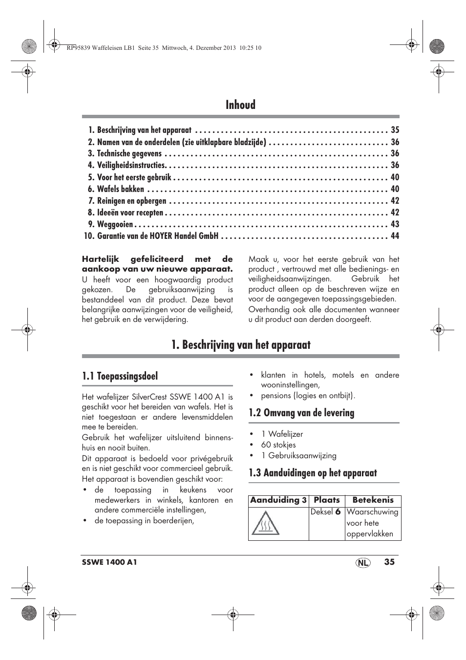 Inhoud, Beschrijving van het apparaat, 1 toepassingsdoel | 2 omvang van de levering, 3 aanduidingen op het apparaat | Silvercrest SSWE 1400 A1 User Manual | Page 37 / 58
