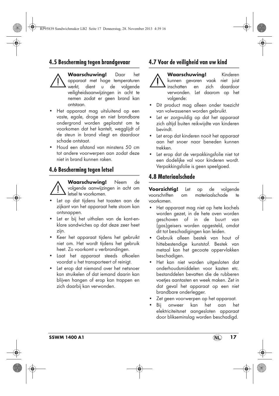 5 bescherming tegen brandgevaar, 6 bescherming tegen letsel, 7 voor de veiligheid van uw kind | 8 materiaalschade | Silvercrest SSWM 1400 A1 User Manual | Page 19 / 46