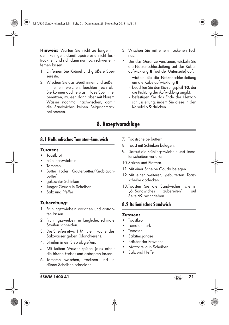 Rezeptvorschläge, 1 holländisches tomaten-sandwich, 2 italienisches sandwich | Silvercrest SSWM 1400 A1 User Manual | Page 73 / 78
