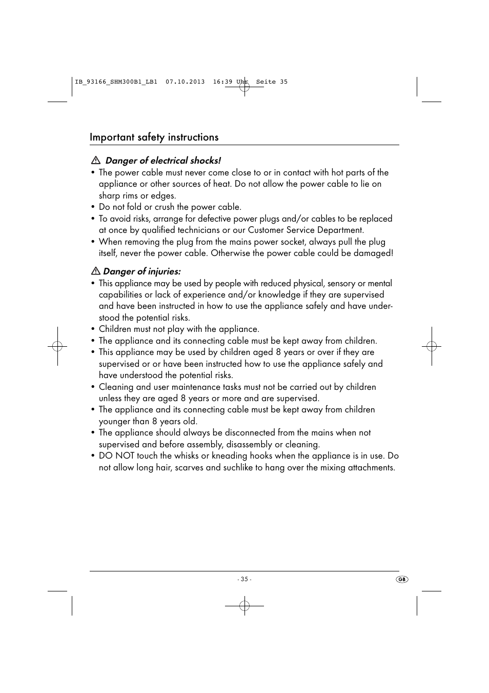 Important safety instructions | Silvercrest SHM 300 B1 User Manual | Page 38 / 43