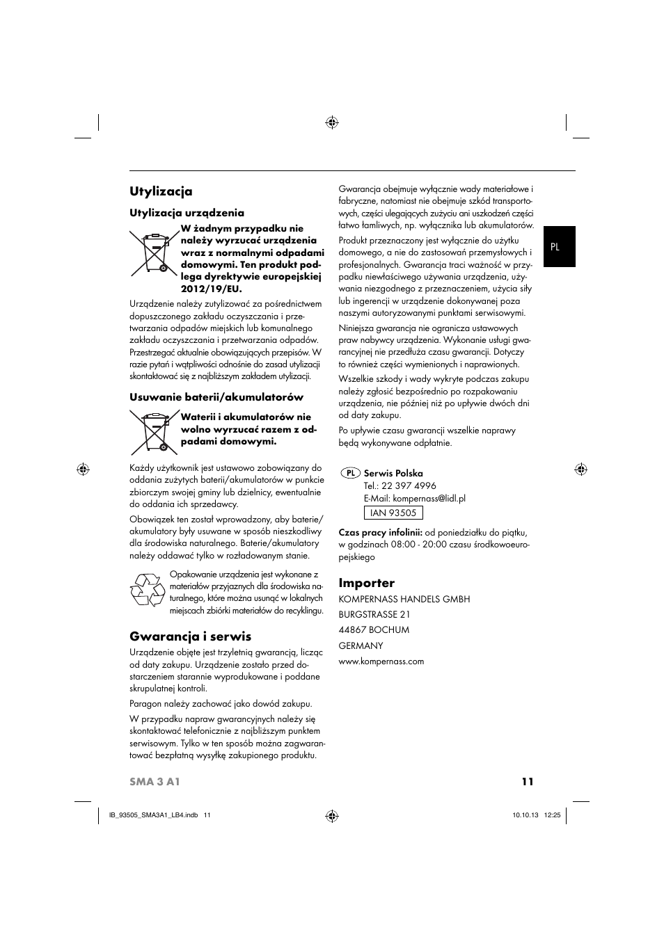 Utylizacja, Gwarancja i serwis, Importer | Silvercrest SMA 3 A1 User Manual | Page 14 / 34