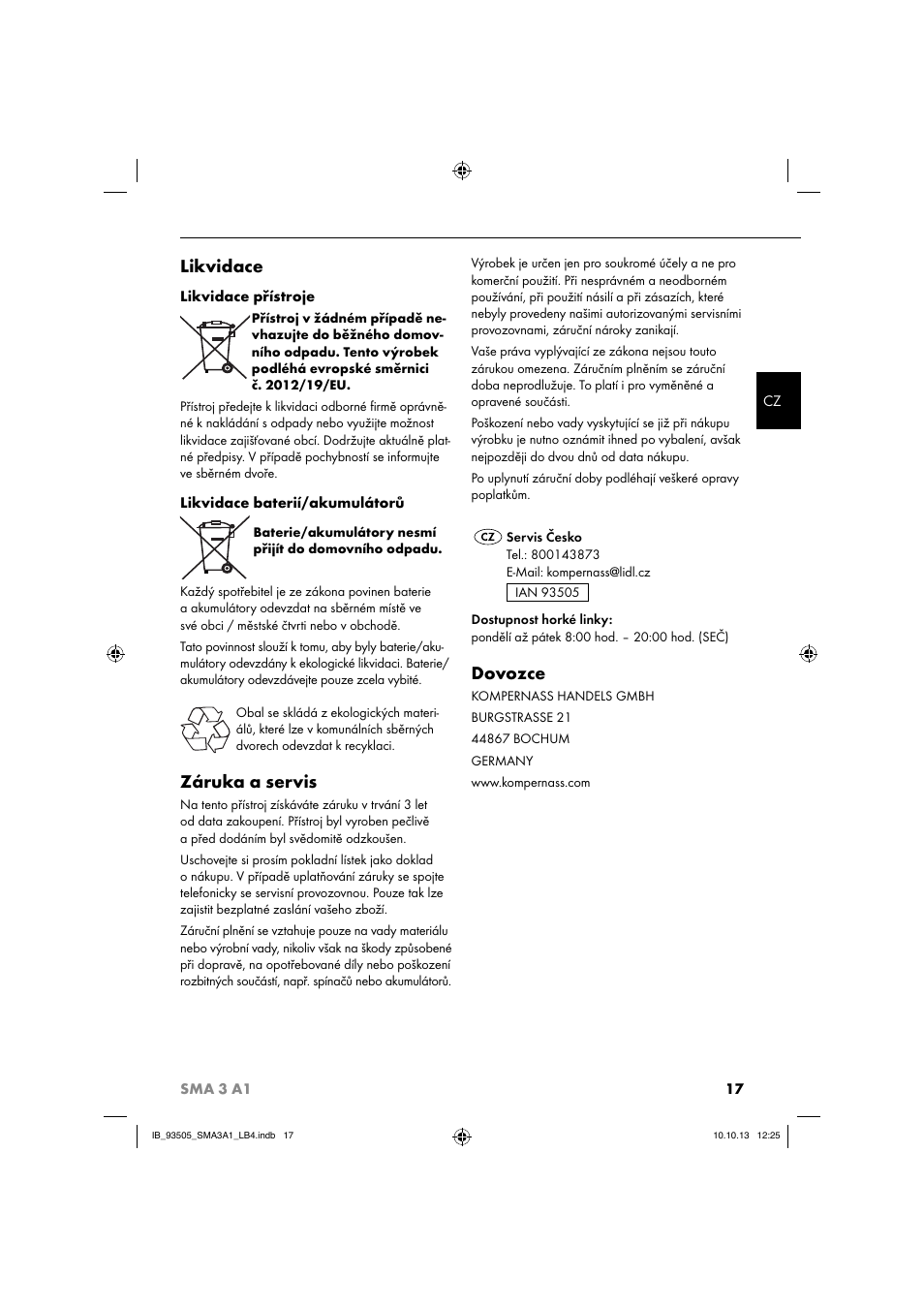 Likvidace, Záruka a servis, Dovozce | Silvercrest SMA 3 A1 User Manual | Page 20 / 34