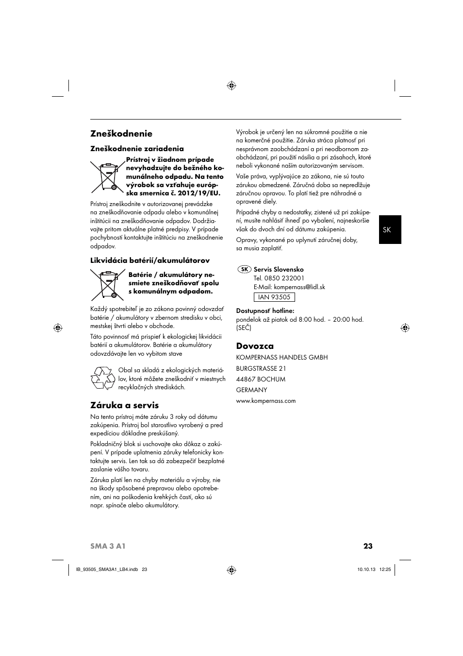 Zneškodnenie, Záruka a servis, Dovozca | Silvercrest SMA 3 A1 User Manual | Page 26 / 34