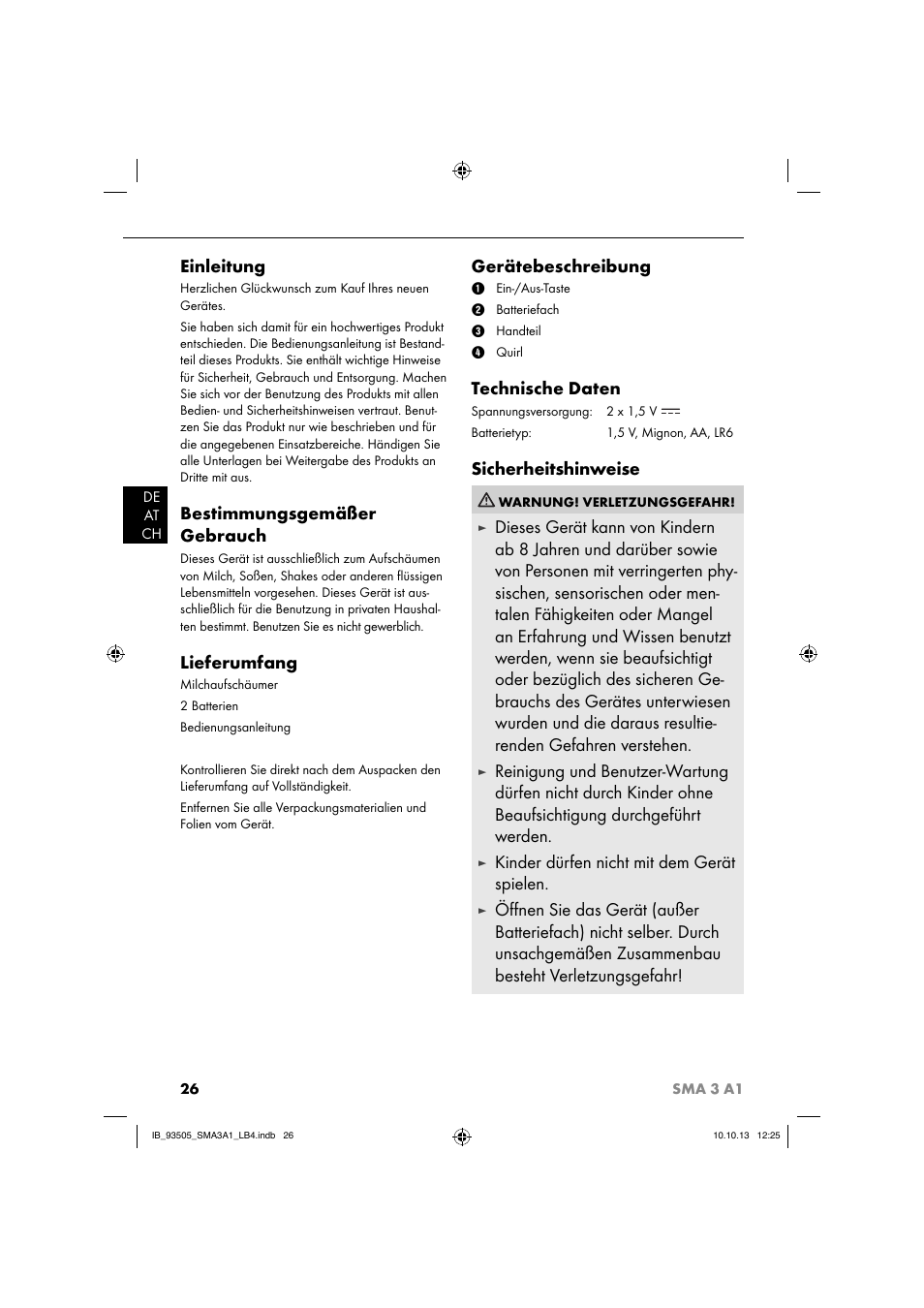Einleitung, Bestimmungsgemäßer gebrauch, Lieferumfang | Gerätebeschreibung, Technische daten, Sicherheitshinweise, Kinder dürfen nicht mit dem gerät spielen | Silvercrest SMA 3 A1 User Manual | Page 29 / 34